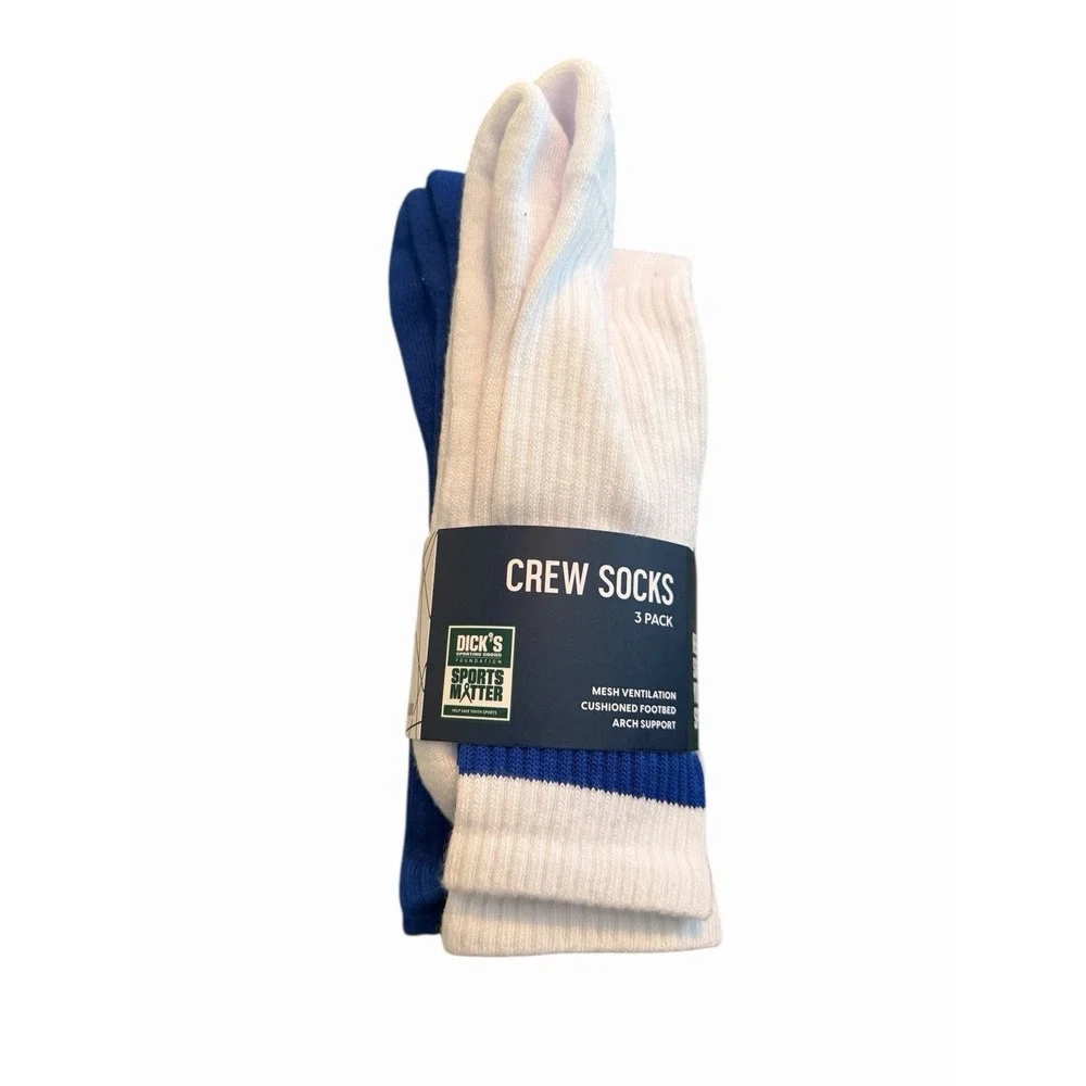 DSG Crew Socks 3 Pack White Blue Cushioned Arch‎ Support Unisex L 8-13 NWT